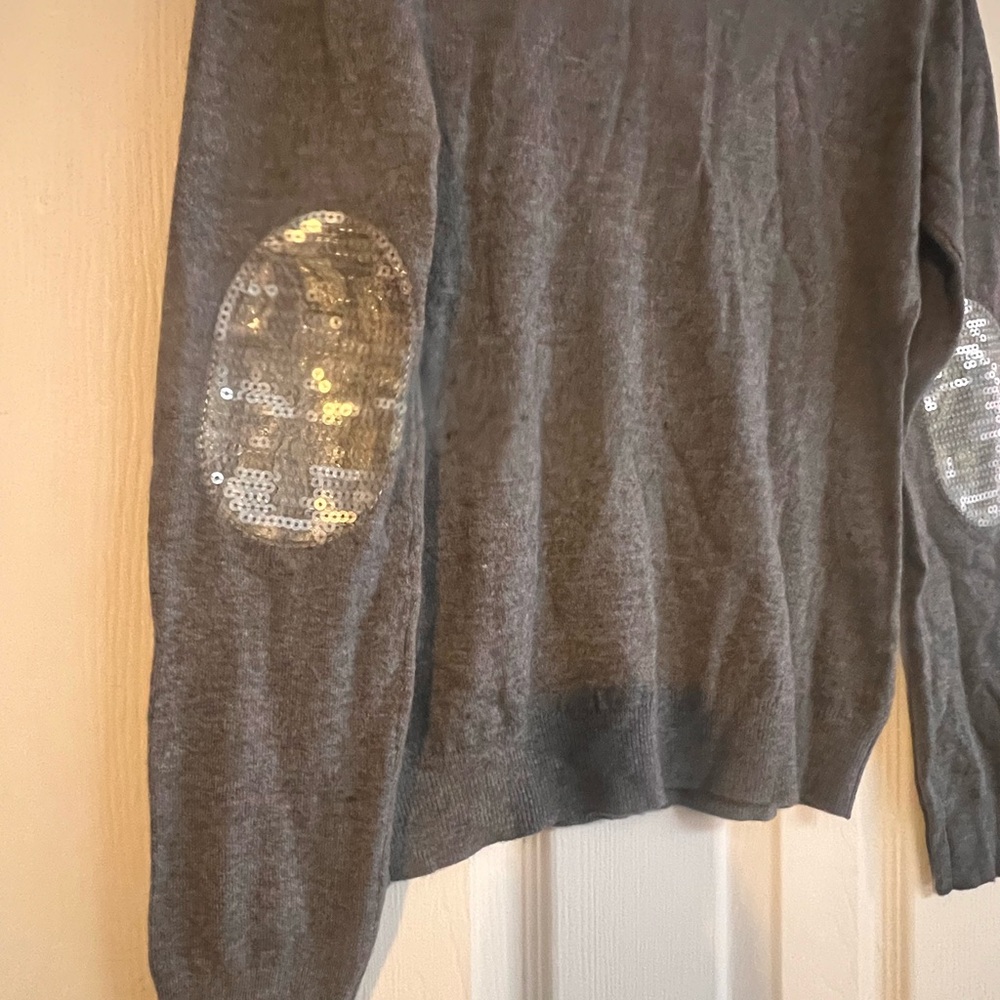 Silver and Gray V-Neck Sweater with Elbow Patches